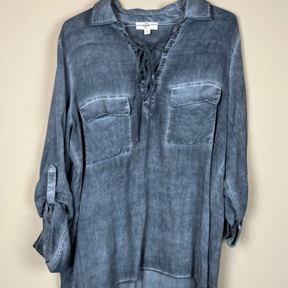 entro Tops - Entro Boho Stressed Gray Tie V-Neck Long Sleeve Blouse; Size Small